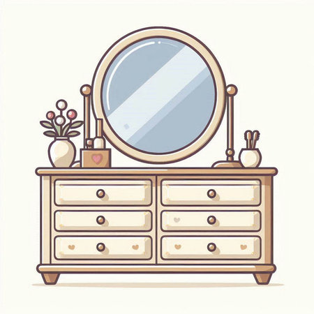 Vector illustration of a chest of drawers with mirror and vase.のイラスト素材