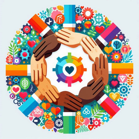 Teamwork concept. Multicultural hands around the heart. Vector illustrationのイラスト素材