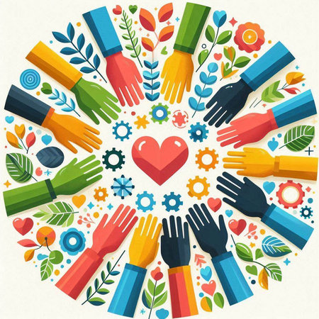 Flat design vector illustration of human hands holding heart, flowers and leaves.のイラスト素材