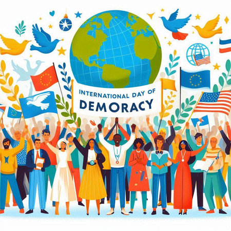 International Day of Democracy. Group of people with flags and symbols of the world. Vector illustration.のイラスト素材
