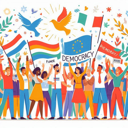 Happy people with flags and flags of the European Union. Vector illustration.のイラスト素材