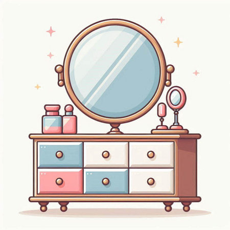 Vector illustration of a chest of drawers with mirror and cosmetics.のイラスト素材