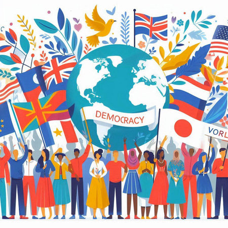 International Day of Democracy. Group of people holding flags. Vector illustration.のイラスト素材