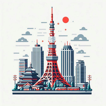 Tokyo skyline with Tokyo Tower. Vector illustration in flat style.のイラスト素材