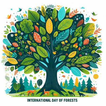 International day of the forest. Vector illustration with tree and animals.のイラスト素材