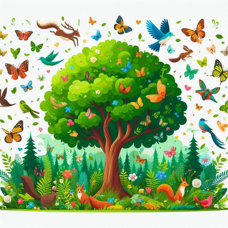 Nature background with a tree, butterflies and squirrels. Vector illustration.のイラスト素材