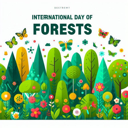 International Day of Forests. Vector illustration of forest with flowers and butterflies.のイラスト素材