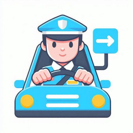 Vector illustration of a police officer driving a car on white background.のイラスト素材