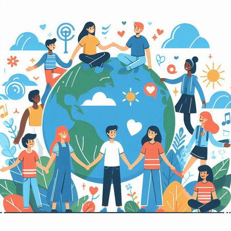 Vector illustration of people around the globe. World environment day concept.のイラスト素材