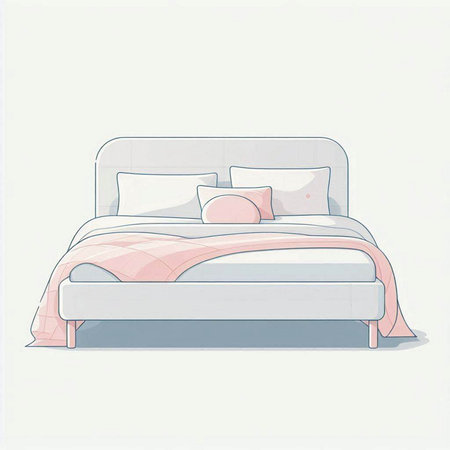 Illustration of a double bed in pastel colors on a white backgroundのイラスト素材