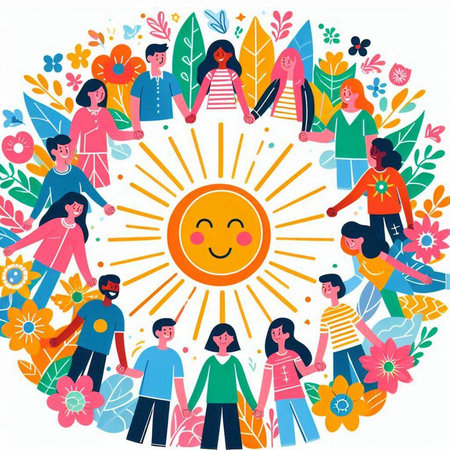 Group of happy children in circle with sun, flowers and plants. Vector illustration.のイラスト素材