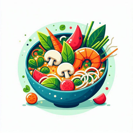 Illustration of a bowl of noodle soup with shrimps and vegetablesのイラスト素材