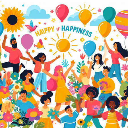Happy international women and men with balloons, flowers, sunflowers and butterflies flat vector illustrationのイラスト素材