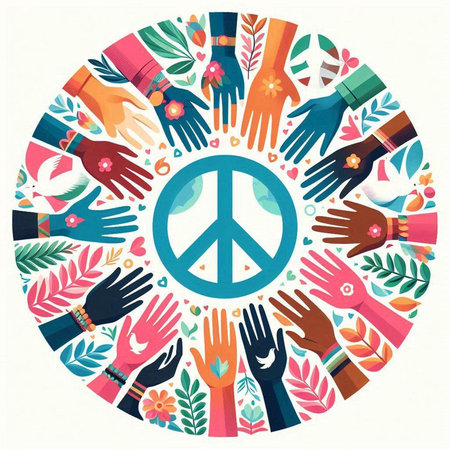 International Day of Peace. Vector illustration with hands and peace symbol.のイラスト素材