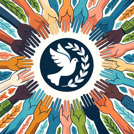 Dove of peace in the hands of people. Vector illustration.のイラスト素材