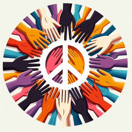 Illustration of a group of hands around a peace sign in a circleのイラスト素材