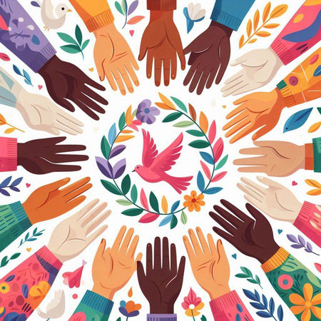 Hands of diverse people in a circle of flowers. Vector illustrationのイラスト素材