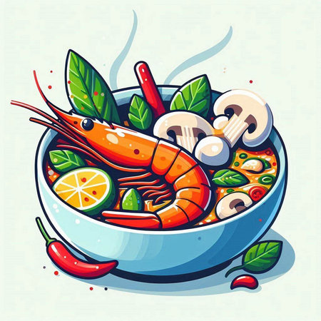 Illustration of a bowl of spicy soup with shrimp, mushrooms and lemonのイラスト素材