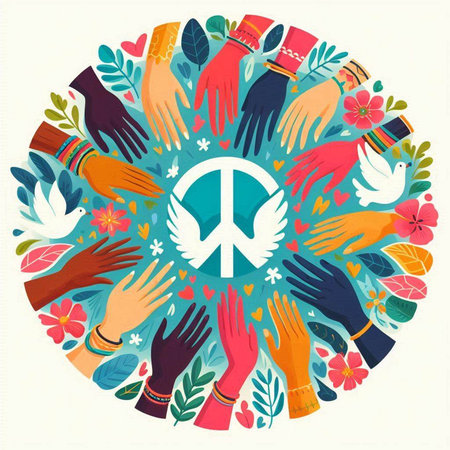 Circle of hands with symbol of peace and love. Vector illustration.のイラスト素材