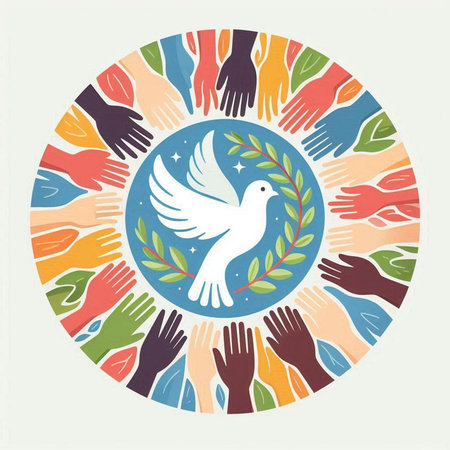 Vector illustration of hands around the dove of peace on white background.のイラスト素材