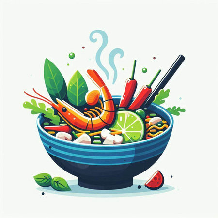Vector illustration of Asian cuisine with shrimps and vegetables in bowlのイラスト素材