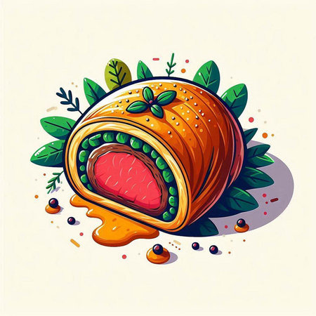 Vector illustration of sweet roll with jam and berries. Cartoon style.のイラスト素材