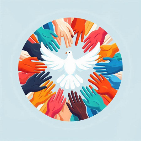 International Day of Peace. Vector illustration of hands and dove in circleのイラスト素材