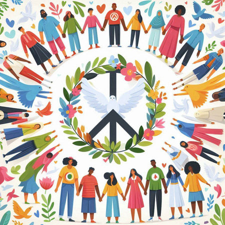 International day of peace concept. Group of people with peace sign. Vector illustrationのイラスト素材