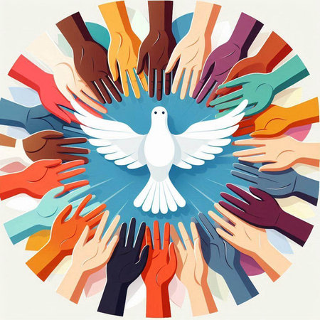 Dove of peace in the hands of people. Vector illustration.のイラスト素材