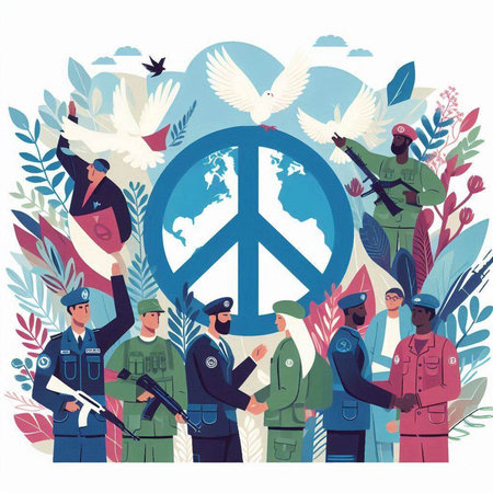 World peace day concept. Vector illustration in flat cartoon style. Peace symbol, peace sign, peace dove and soldiers.のイラスト素材