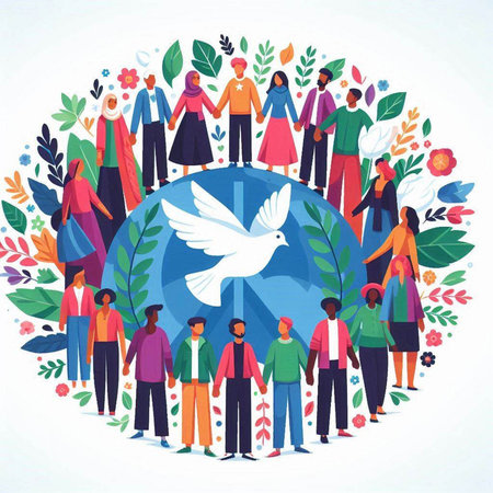 International Day of Peace concept. People with dove of peace. Vector illustration.のイラスト素材