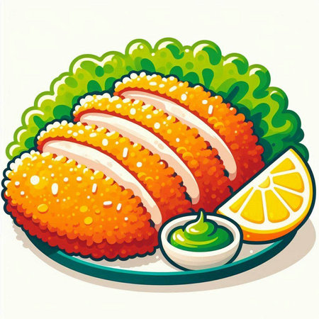 Illustration of a cutlet with sauce and lemon on a plateのイラスト素材
