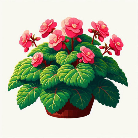 Flowerpot with pink begonia on a white background. Vector illustration.のイラスト素材