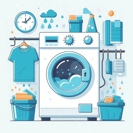 Laundry service. Washing machine with clothes. Vector illustrationのイラスト素材