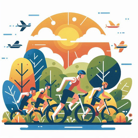 Cyclists in the park. Flat design style vector illustration.のイラスト素材