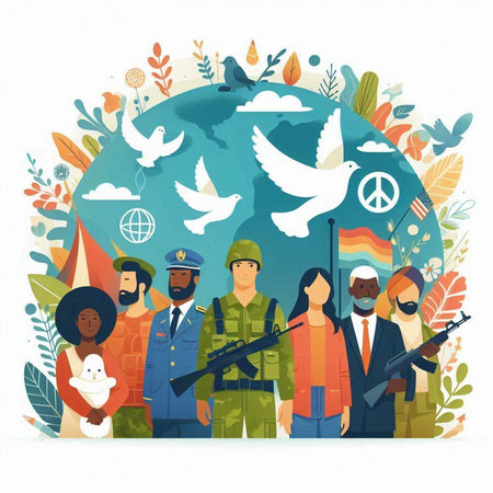 International Day of Peace. Group of people and peace symbols. Vector illustrationのイラスト素材