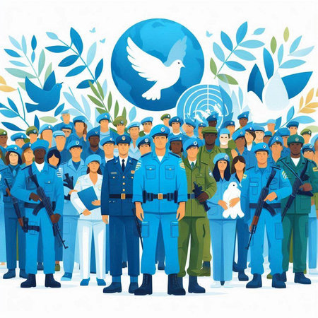 Vector illustration of a group of police officers and a peace dove.のイラスト素材