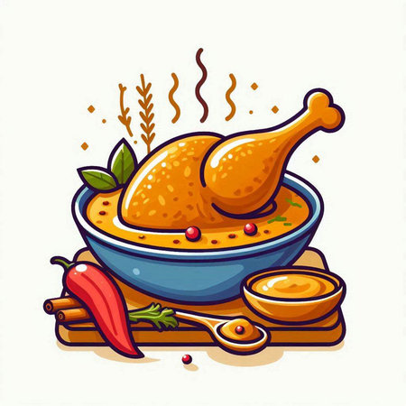 Vector illustration of a bowl of chicken soup with spices and herbs.のイラスト素材