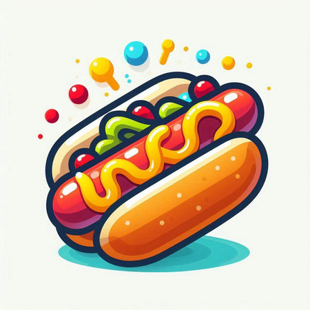 Hot dog with mustard, ketchupnnaise and mayonnaise. Vector illustrationのイラスト素材