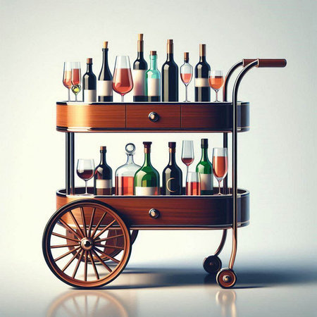 Vintage wooden cart with bottles of wine on a white background.のイラスト素材