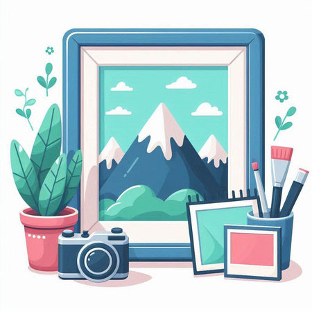 Vector illustration of a picture frame with a picture of mountains, a photo camera and a flower pot.のイラスト素材