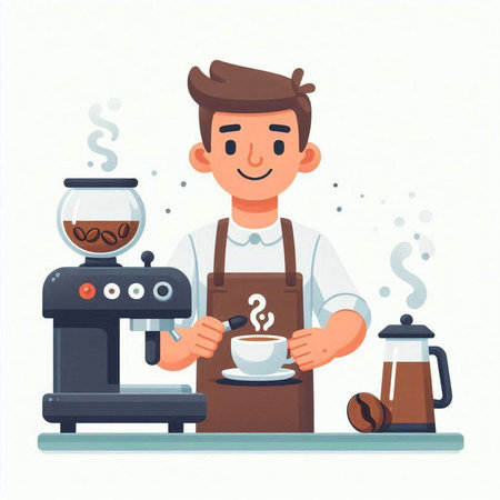 Coffee shop, barista in apron making coffee. Vector illustrationのイラスト素材