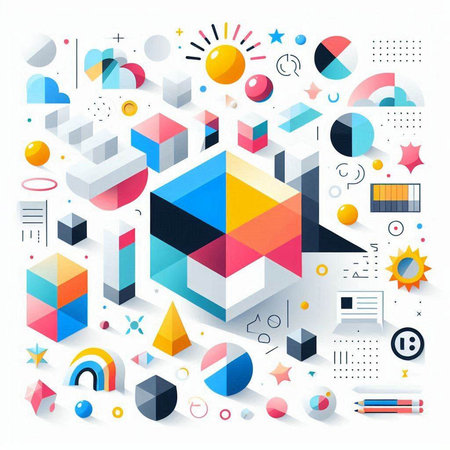 Abstract colorful geometric background with 3d shapes and objects. Vector illustration.のイラスト素材