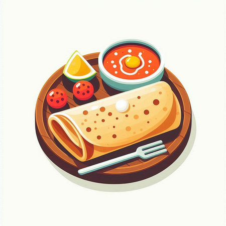 Pancakes with tomato sauce on a wooden plate. Vector illustration.のイラスト素材