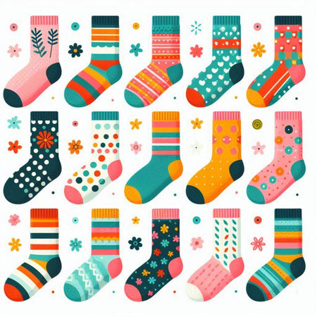 Set of colorful socks with different patterns isolated on white background. Vector illustration.のイラスト素材