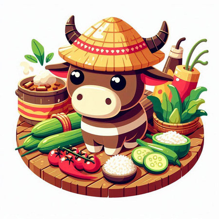 Vector illustration of a cow with rice and vegetables in the basket.のイラスト素材