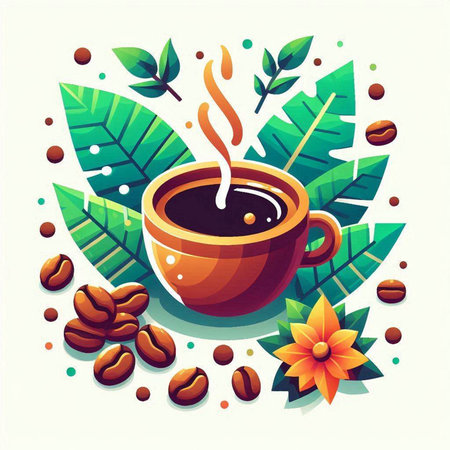 Coffee cup with coffee beans and leaves. Vector illustration.のイラスト素材