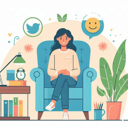 Young woman sitting in armchair at home. Vector illustration in flat styleのイラスト素材
