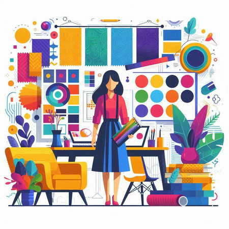 Flat design vector illustration concept of modern office interior with furniture, plants, accessories and woman working on laptop.のイラスト素材