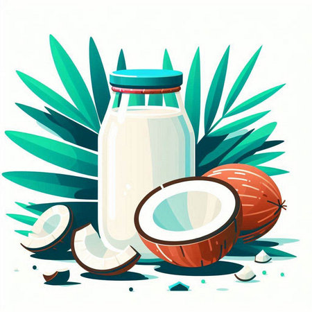 Coconut milk in a glass bottle with coconuts. Vector illustration.のイラスト素材